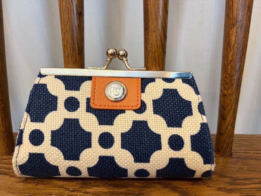 Spartina 449 Kiss Lock Coin Purse Blue White Geometric Linen Leather